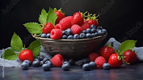 Fresh mixed berries in basket on dark backdrop. Healthy food and lifestyle.