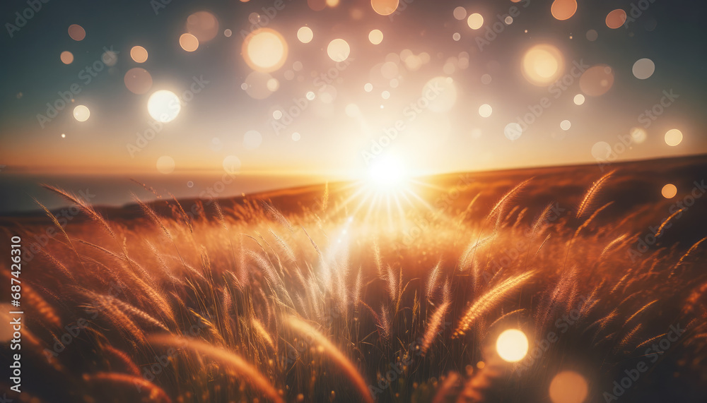 Sunset glow over a golden wheat field with sparkling light orbs. Warm and inviting concept. Generative AI - obrazy, fototapety, plakaty 
