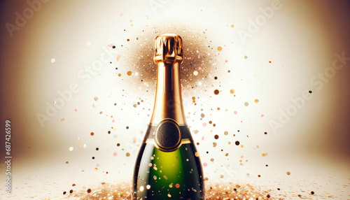 Golden champagne burst with lively confetti on a warm beige background, festive celebration. Generative AI