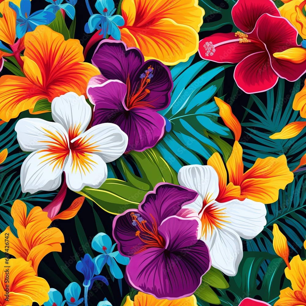 A vibrant and colorful seamless pattern featuring a variety of tropical flowers such as hibiscus, plumeria, and orchids