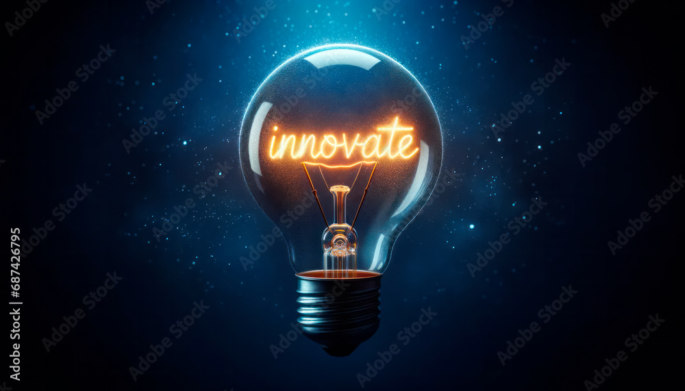 Glowing light bulb on dark background with Innovate text. Generative AI Glowing light bulb on dark background with Innovate text. Generative AI