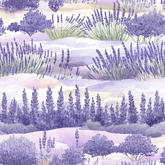 Papier peint photo Paysage patrons Champs de lavande aquarelle Provence  © Mikhail