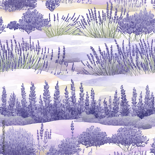 A serene and calming seamless pattern showcasing watercolor-style countryside landscape with blooming lavender fields
