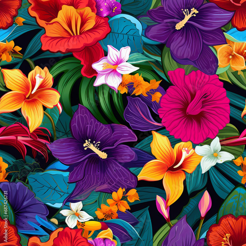 A vibrant and colorful seamless pattern featuring a variety of tropical flowers such as hibiscus  plumeria  and orchids