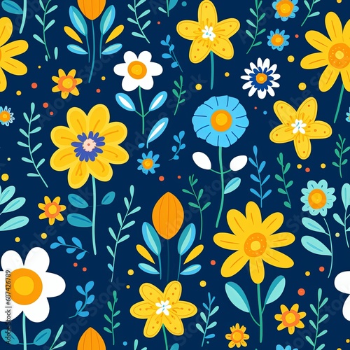 A seamless pattern with a mix of cartoon-style daisies, sunflowers, and daffodils