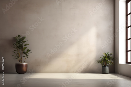 Interior of a empty room in minimalist grunge style with a potted house plants and blank concrete wall for mock up, montage, copy space
