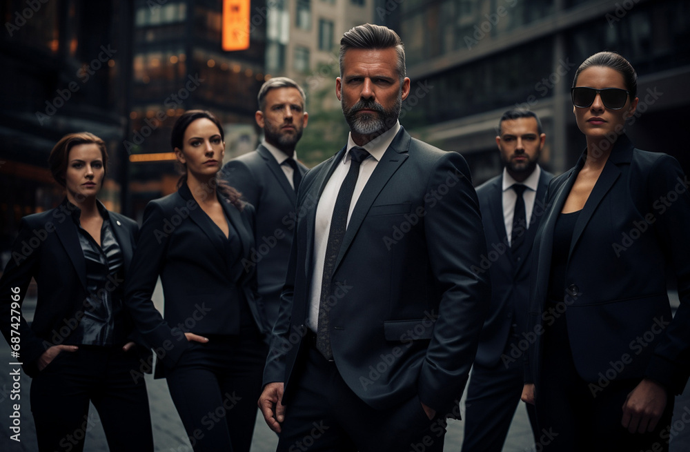 Fototapeta premium group of business professionals exude a serious and professional demeanor, reflecting their commitment and business attitude with a focused and determined look. Generative AI.