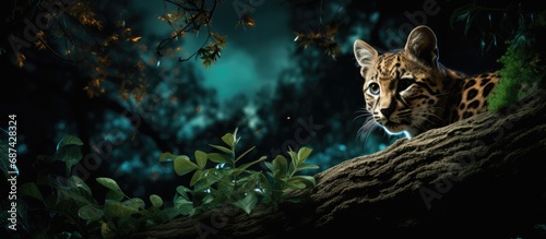 European wildlife scene with a wild cat hunting prey at night in a Spanish forest, featuring a Common Genet on a branch. photo