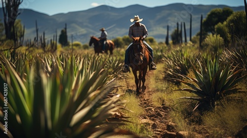 Farmer in cowboy hat riding horse in agave field
