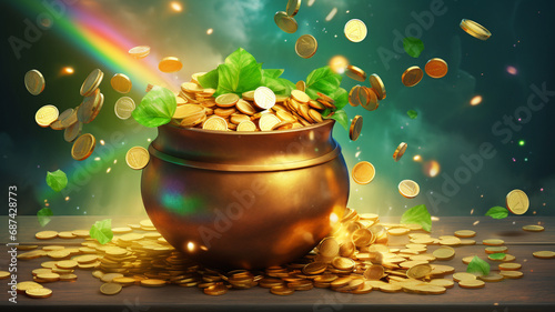 Leprechaun's pot with golden coins, clover leaf, good luck saint Patrick's day concept holiday