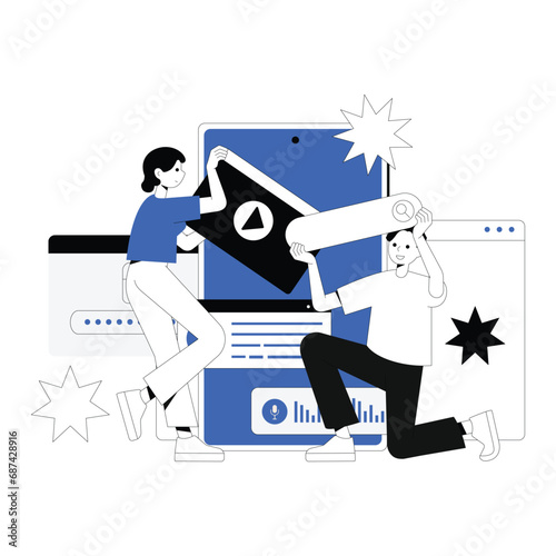 Set of UI and UX designers creating functional web interface design for websites and mobile apps. Digital wireframing process concept.