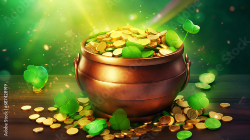 Leprechaun's pot with golden coins, clover leaf, good luck saint Patrick's day concept holiday