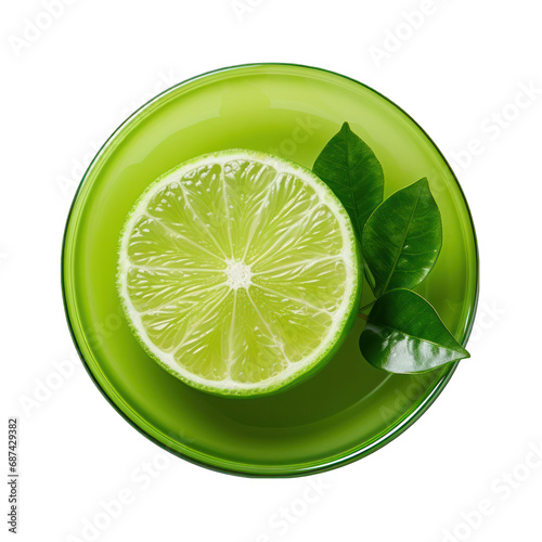Top view of a lime on a plate Isolated on Transparent or White Background, PNG photo