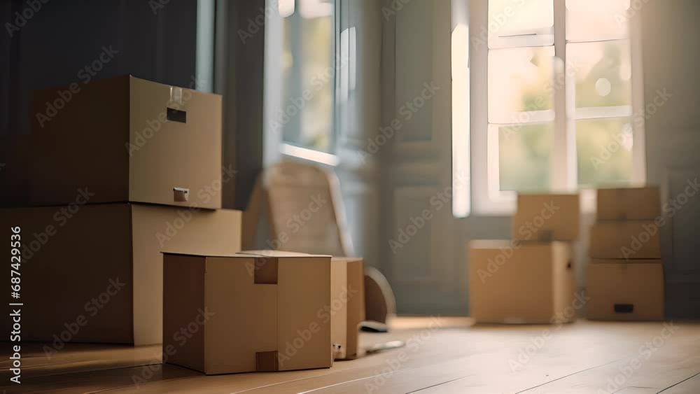 Clean empty room with stack of cardboard boxes, moving into a new house concept. Indoor empty interior. 