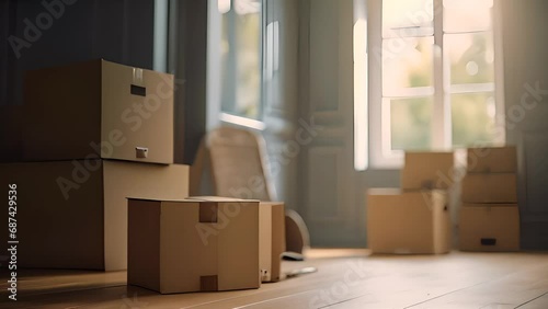Clean empty room with stack of cardboard boxes, moving into a new house concept. Indoor empty interior. 