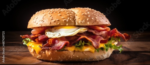 Bagel sandwich with bacon, egg, and cheese.