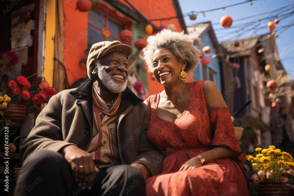 Senior African American couple sharing a joyful moment outdoors
