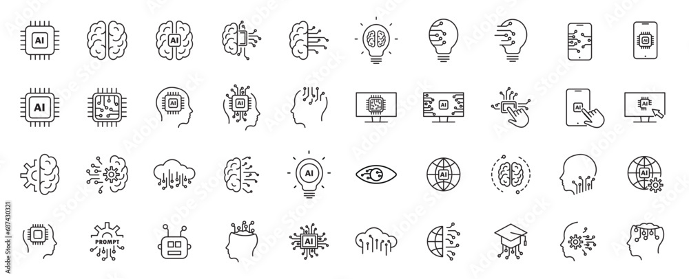 Artificial Intelligence Line style Editable Icons set. modern thin style icons of AI technology and possibilities, machine learning, digital AI technology. eps 10 vector illustration