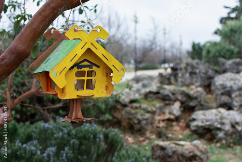 A wooden feeder in close-up. A colorful yellow green wooden bird house is hanging on a branch in the park. Blurred background, low depth of field. The concept of caring, caring for nature, kindness.