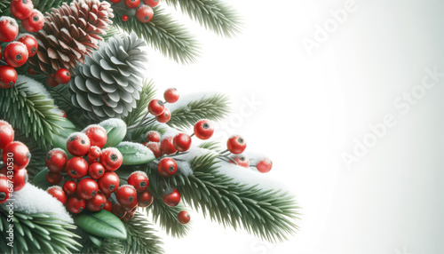 Christmas background with fir branches  red berries and cones on a white background. Generative AI