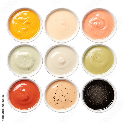 various sauce in white bowl,top view,flat lay isolated on transparent background,transparency 