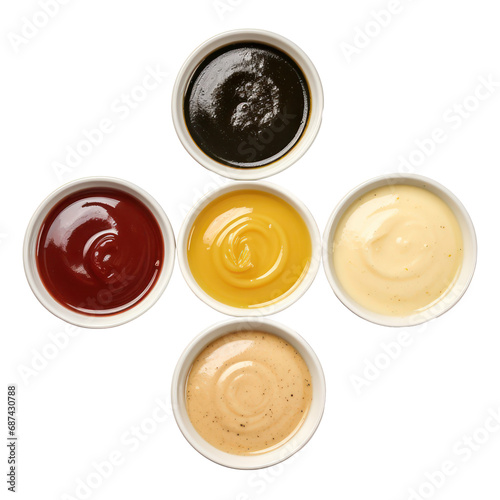 various sauce in white bowl,top view,flat lay isolated on transparent background,transparency 