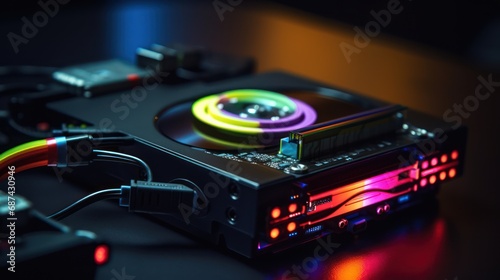 Close up of hardisk drive with colorful background