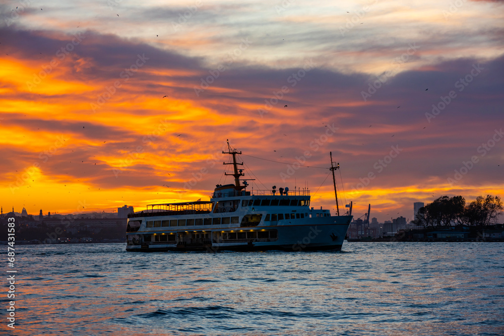 Istanbul City in Turkey. Beautiful Istanbul bosphorus sunrise landscape. Amazing colored sky in morning.