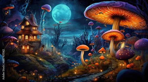 The Haunted House in the Mushroom Forest. Generative Ai © Shades3d