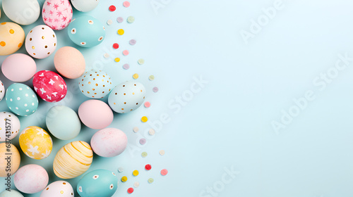 Colorful Easter eggs in pastel colors on a light blue background, top view, space for inscription