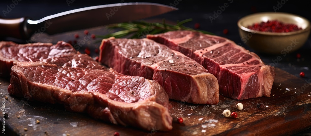 Fototapeta premium Close-up of raw dry-aged wagyu beef rib-eye steaks with copy space, positioned alongside a rustic knife.