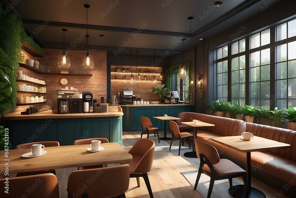 A cozy and inviting coffee shop, with warm lighting and comfortable seating, perfect for networking and discussing business ideas over a cup of coffee. Generative AI