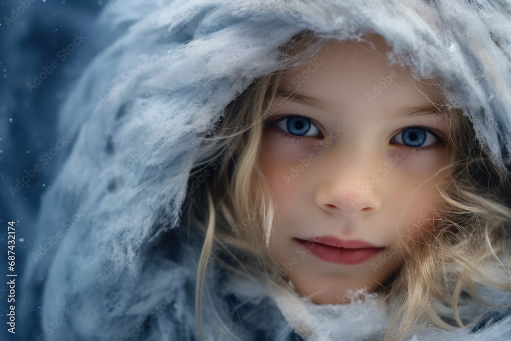 Beautiful female kid with nice cloth playing snow 