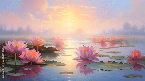 oil painting of lotus pond at sunrise
