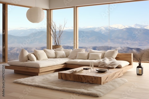 Snowy Mountain Retreat. Cozy Wooden Bench in Japanese-style Chalet Living Room with Panoramic View © sorin