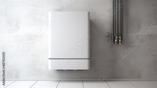 Modern home gas boiler, water heater. An isolated gas stove on white background. Water heating, ecology. Concept lifestyle. photo