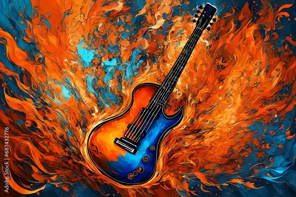 guitar in orange and red color with fire burning in the guitar abstract background 