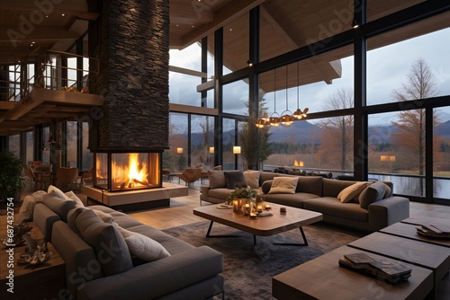 Modern Scandinavian Living Room with Grey Sofa, Rustic Wooden Coffee Table, and Fireplace in Chalet