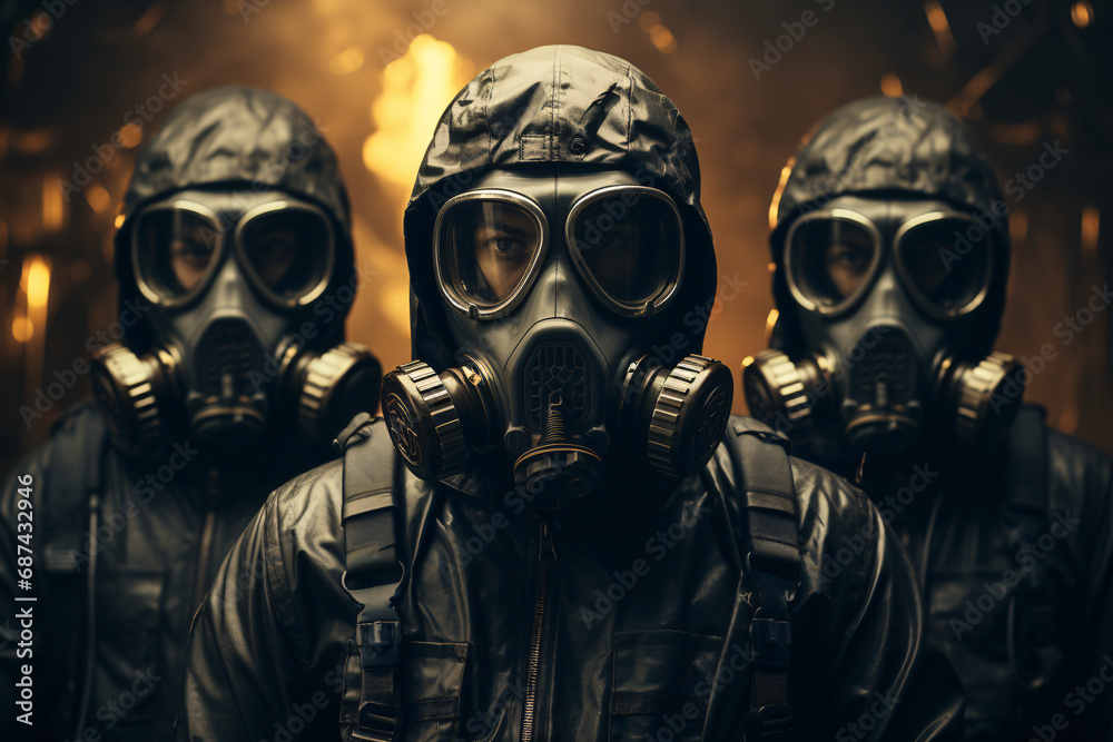 a group of soldiers in a gas mask and helmet, three warriors in close-up. a group of soldiers in a gas mask and helmet, three warriors in close-up.