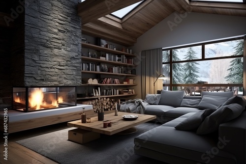 Scandinavian Grey Sofa with Rustic Wooden Coffee Table by Fireplace in Modern Living Room