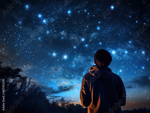 Macro photography of a lonely young man male guy astronomer looking at stars in a clear night sky