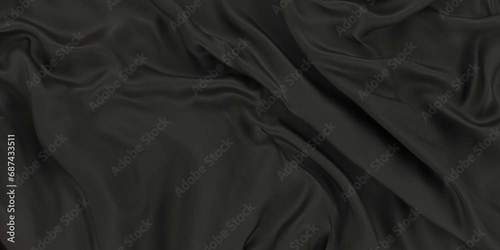Black dark fabric satin texture. Rippled black silk fabric