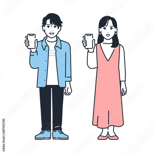 スマートフォンを持つ若い男女のシンプルなベクターイラストセット素材