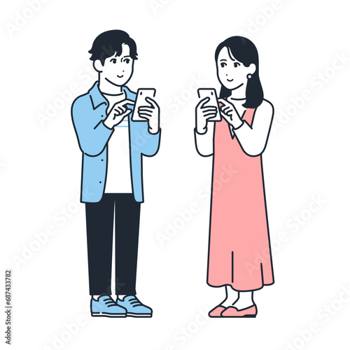 スマートフォンを操作する若い男女のシンプルなベクターイラストセット素材