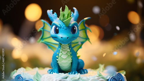 Blue and green birthday cake cute dragon with blury photo