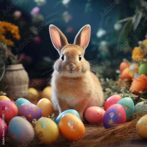 Cute Easter bunny with colorful eggs. Idea for Easter  Holy Week
