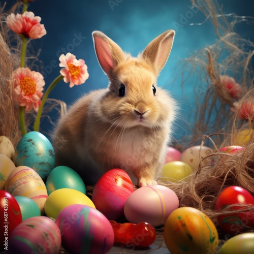 Cute Easter bunny with colorful eggs. Idea for Easter, Holy Week © Daniil