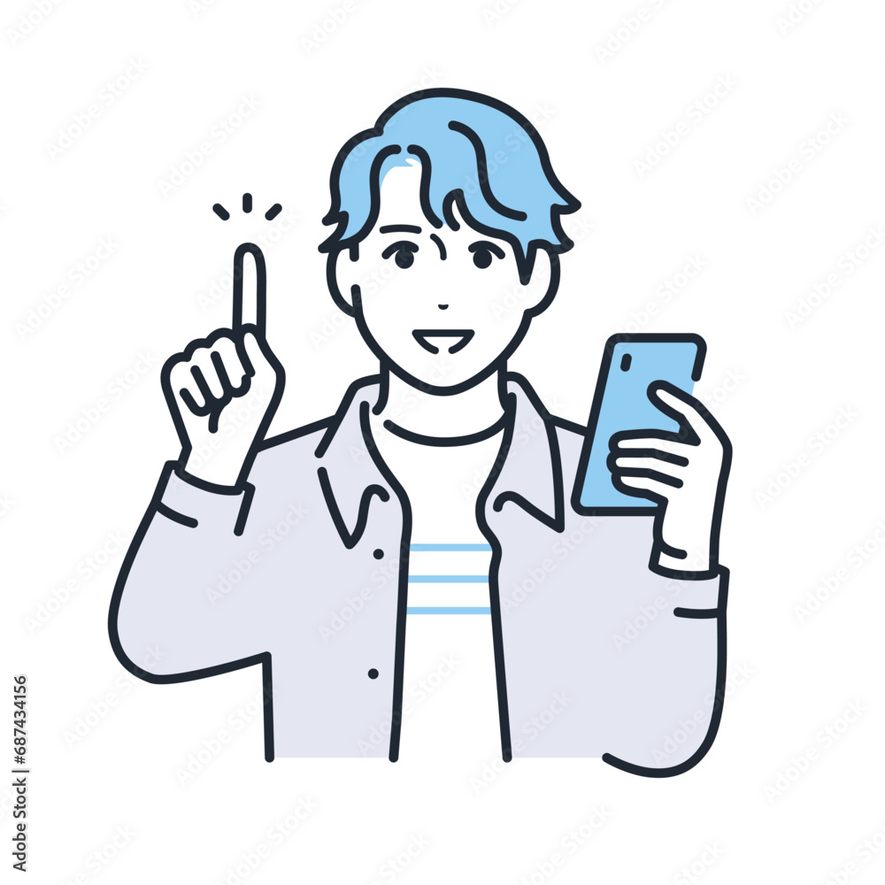 スマートフォンを持って説明する服装の若い男性のシンプルなベクターイラスト素材 スマートフォンを持って説明する服装の若い男性のシンプルなベクターイラスト素材