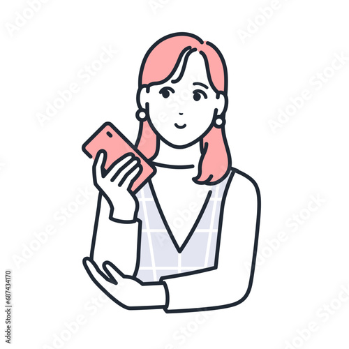 笑顔でスマートフォンを持つおしゃれな若い女性のシンプルなベクターイラスト素材