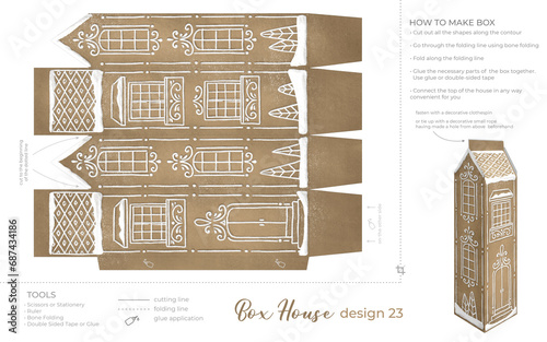 Christmas Gingerbread Village Paper House template. Vintage Printable file for print. Print and glue house scheme.